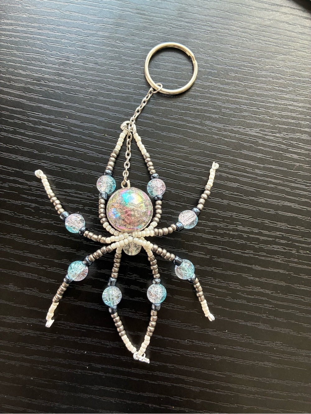Handmade Blue and Grey Beaded Keychain